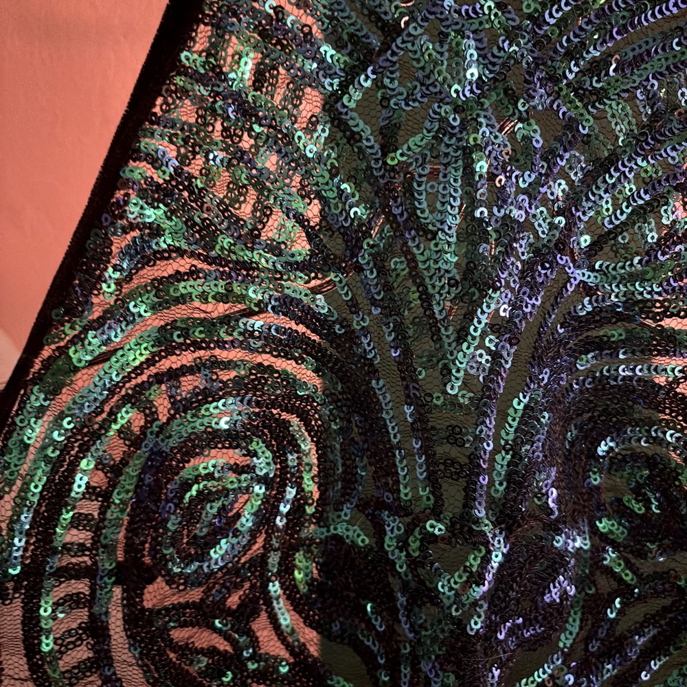 Black Velvet and Purple Green Sequin Mesh Bodysuit. Halter Neck.